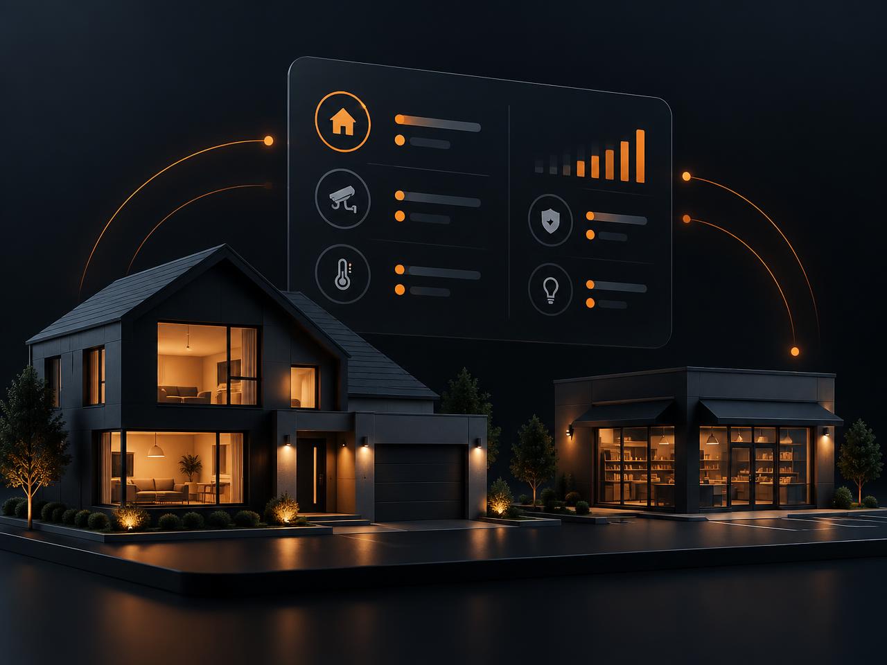 Ilustração de uma residência e um comércio acompanhados por um painel de monitoramento
